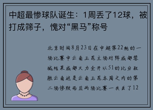 中超最惨球队诞生：1周丢了12球，被打成筛子，愧对“黑马”称号